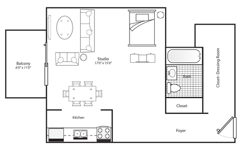 Floor plan for studio, 1 bath, 500 sqft